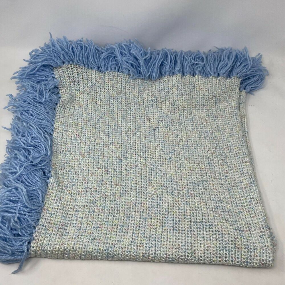 Blue Fringe/Multi-colored Baby Blanket, Handmade - 38" wide x 40" long